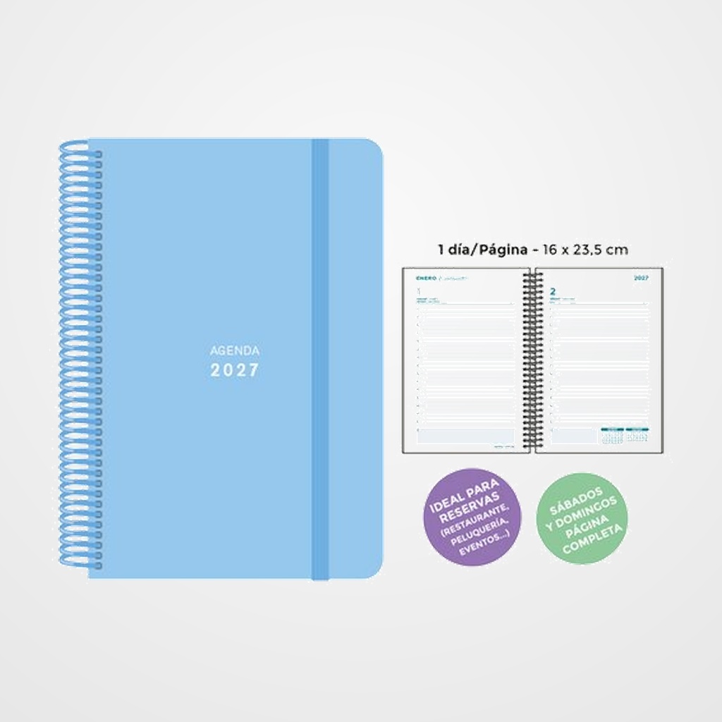 AGENDA ANUAL (2027) SENFORT PASTEL ESPIRAL tapa PP con GOMA 160x235 D/P AZUL