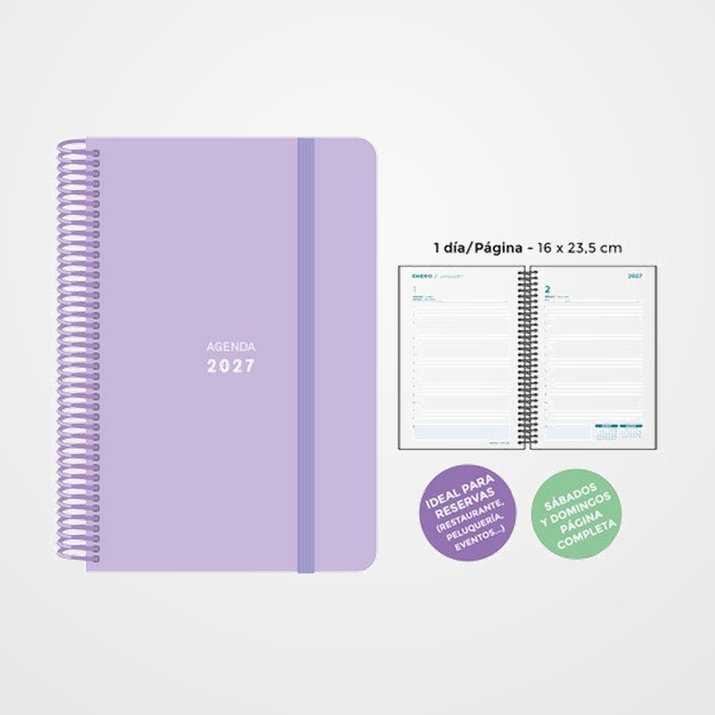 AGENDA ANUAL (2027) SENFORT PASTEL ESPIRAL tapa PP con GOMA 160x235 D/P LILA