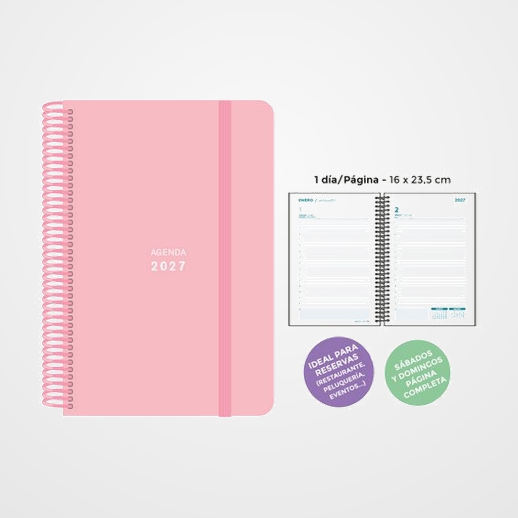 AGENDA ANUAL (2027) SENFORT PASTEL ESPIRAL tapa PP con GOMA 160x235 D/P ROSA