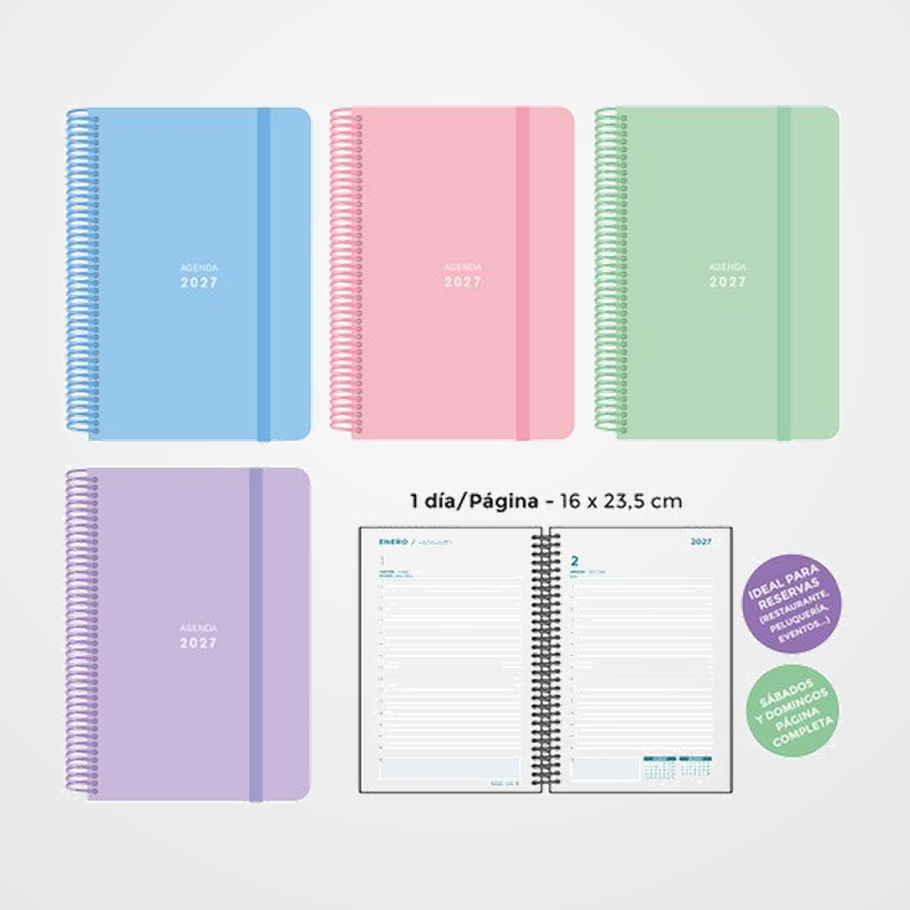 AGENDA ANUAL (2027) SENFORT PASTEL ESPIRAL tapa PP con GOMA 160x235 D/P SURTIDO DE 4