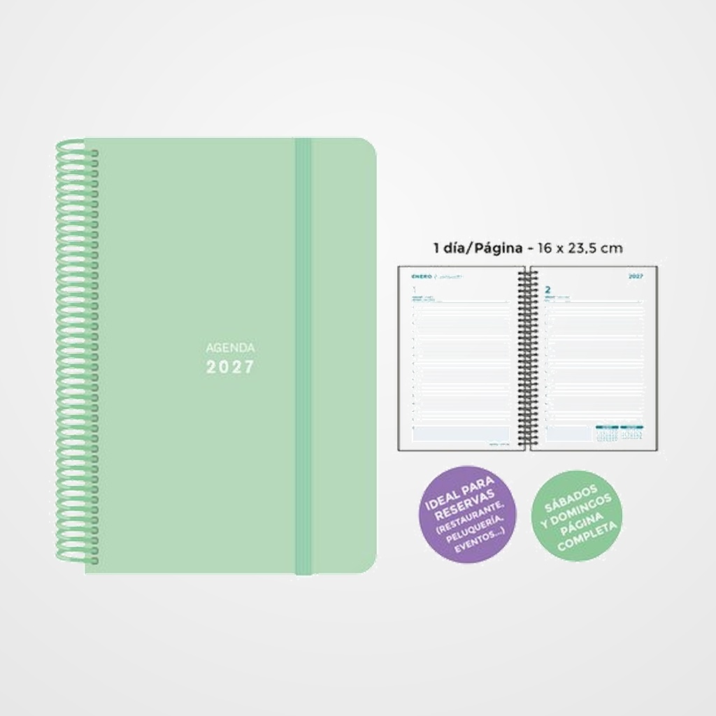 AGENDA ANUAL (2027) SENFORT PASTEL ESPIRAL tapa PP con GOMA 160x235 D/P VERDE