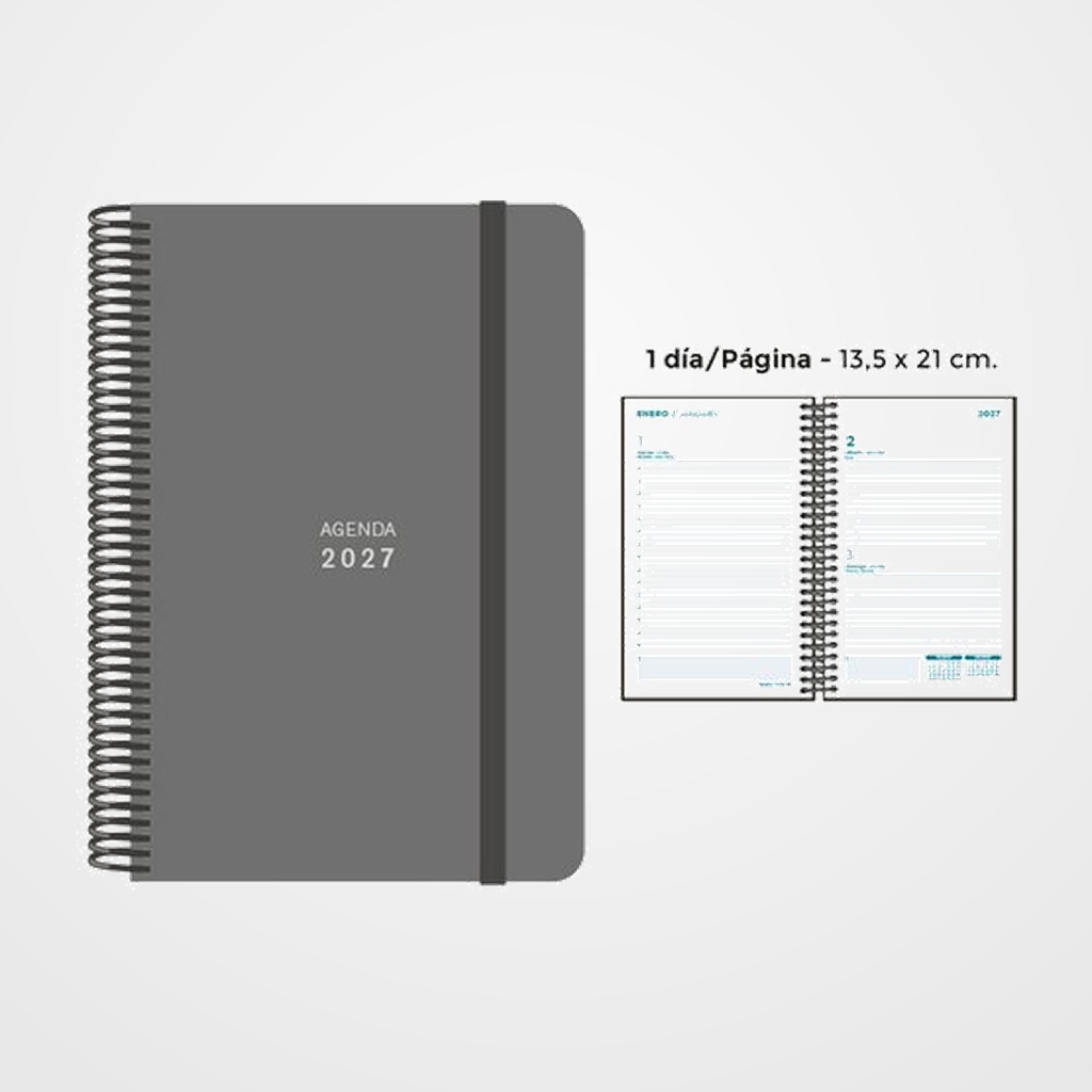 AGENDA ANUAL (2027) SENFORT UNICOLOR ESPIRAL tapa PP con GOMA 135x210 D/P GRIS