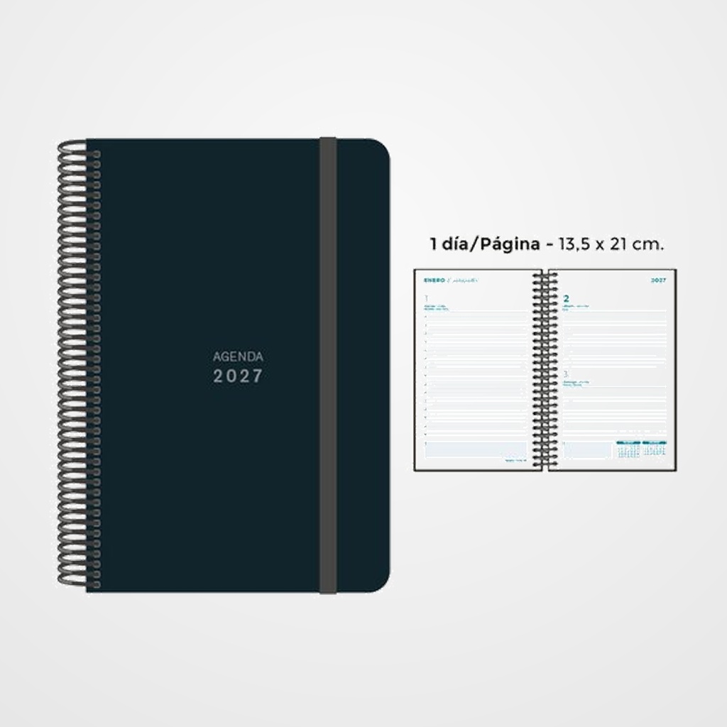AGENDA ANUAL (2027) SENFORT UNICOLOR ESPIRAL tapa PP con GOMA 135x210 D/P NEGRO