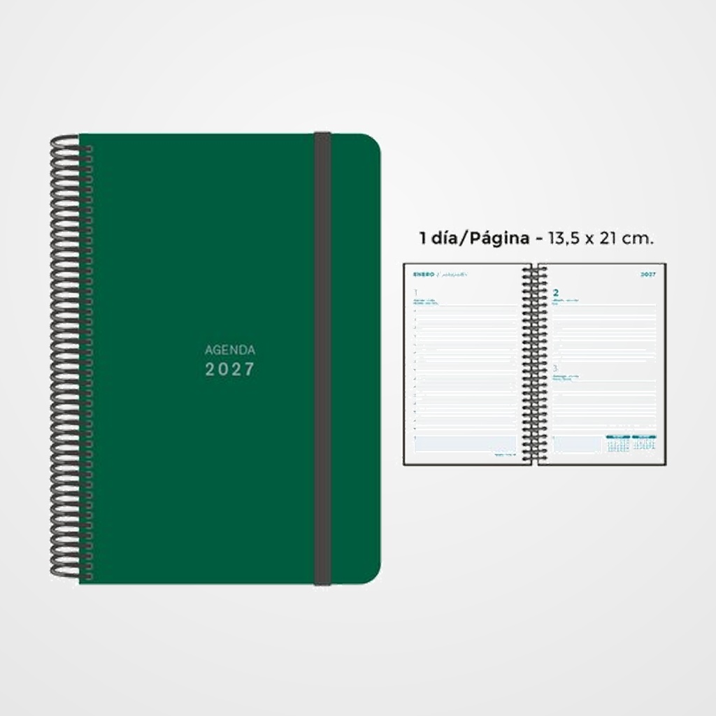 AGENDA ANUAL (2027) SENFORT UNICOLOR ESPIRAL tapa PP con GOMA 135x210 D/P VERDE OSCURO