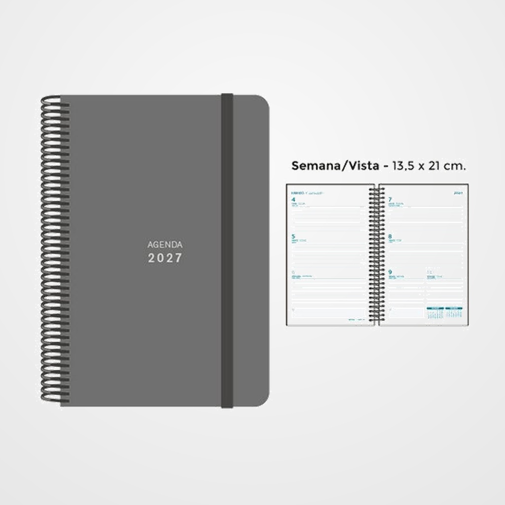 AGENDA ANUAL (2027) SENFORT UNICOLOR ESPIRAL tapa PP con GOMA 135x210 S/V GRIS