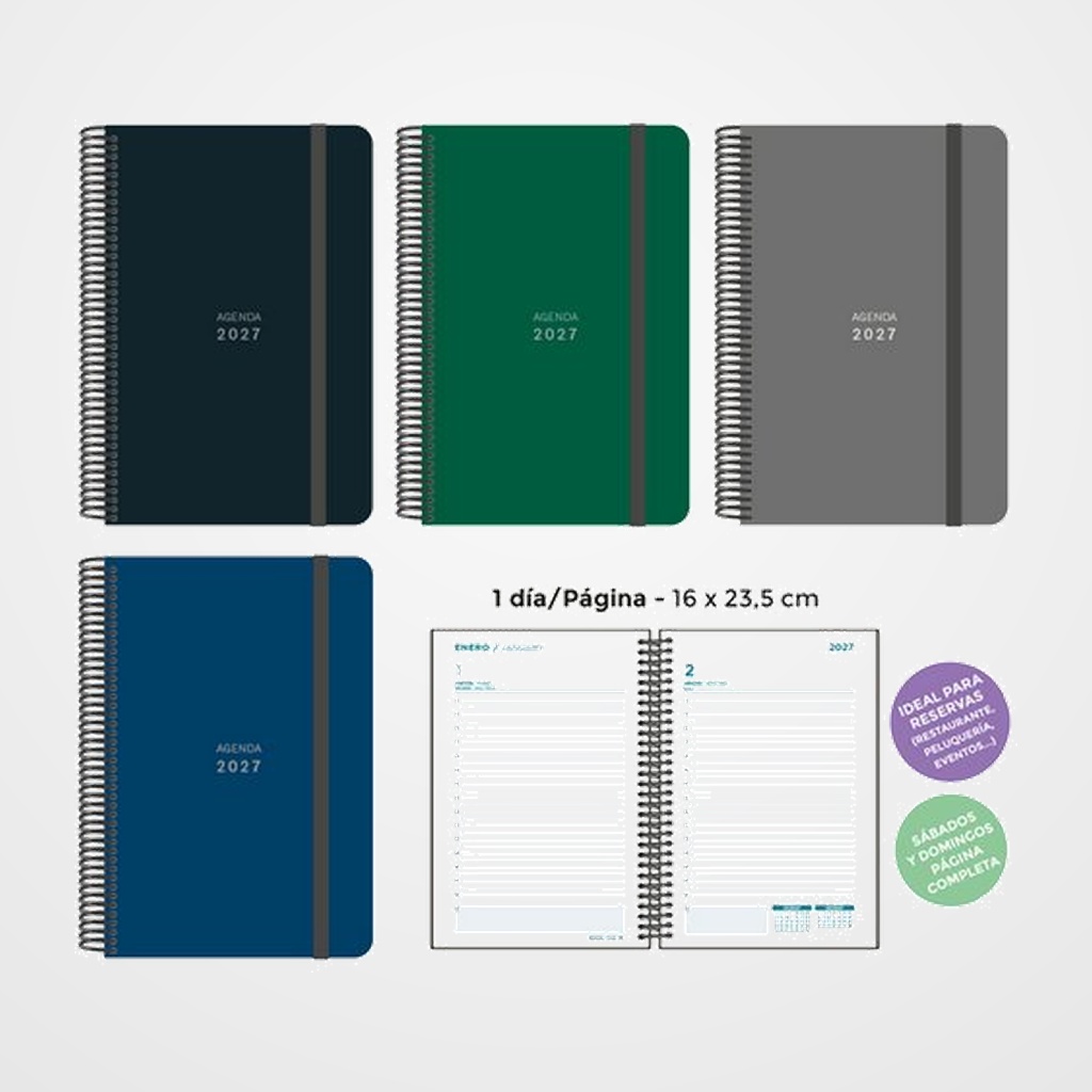 AGENDA ANUAL (2027) SENFORT UNICOLOR ESPIRAL tapa PP con GOMA 160x235 D/P SURTIDO DE 4