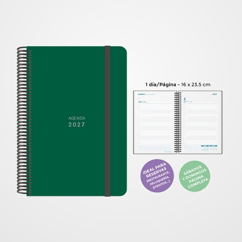 AGENDA ANUAL (2027) SENFORT UNICOLOR ESPIRAL tapa PP con GOMA 160x235 D/P VERDE OSCURO