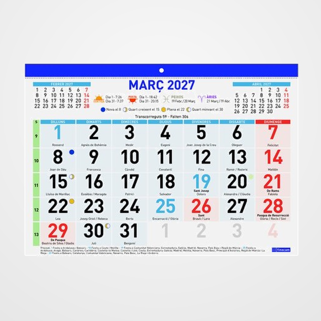 CALENDARI (2027) CATALAN FINOCAM FALDILLA MENSUAL NUMEROS GRANS F93 300x210