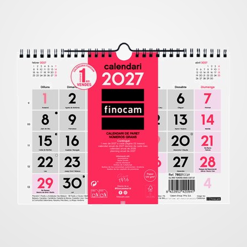 CALENDARI (2027) CATALAN FINOCAM PARET MENSUAL NUMEROS GRANS S 210x150