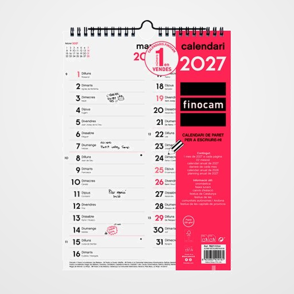 CALENDARI (2027) CATALAN FINOCAM PARET MENSUAL PER ESCRIURE COLUMNES M 210x300