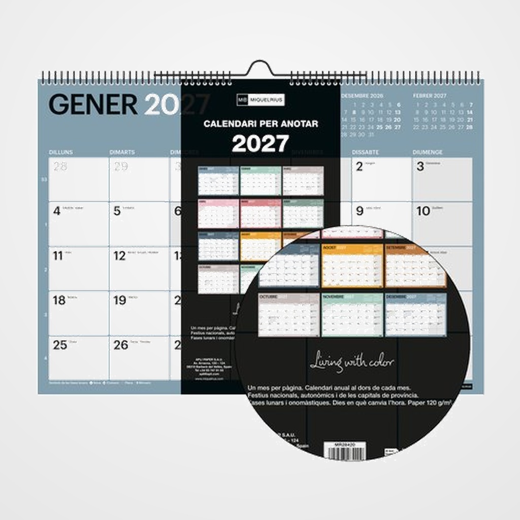 CALENDARIO (2027) CATALAN MIQUELRIUS PARET DESIGN CHROMAT MENSUAL PARA ESCRIBIR A3 420x296