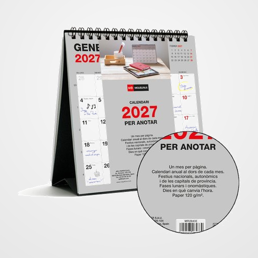 CALENDARIO (2027) CATALAN MIQUELRIUS SOBRETAULA BASIC MENSUAL PARA ESCRIBIR 140x150