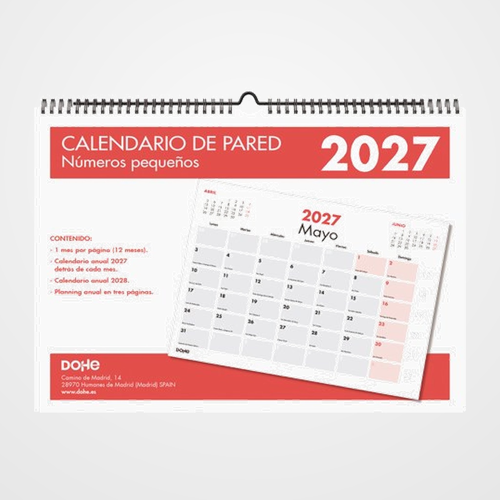 CALENDARIO (2027) DOHE PARED MENSUAL NUMEROS PEQUEÑOS A3 297x420