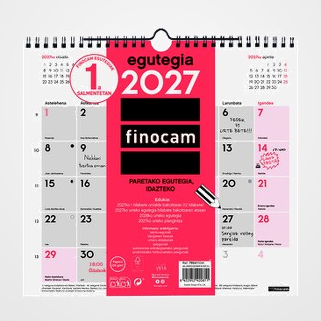 CALENDARIO (2027) EUSKERA FINOCAM PARED MENSUAL PARA ESCRIBIR M 265x245