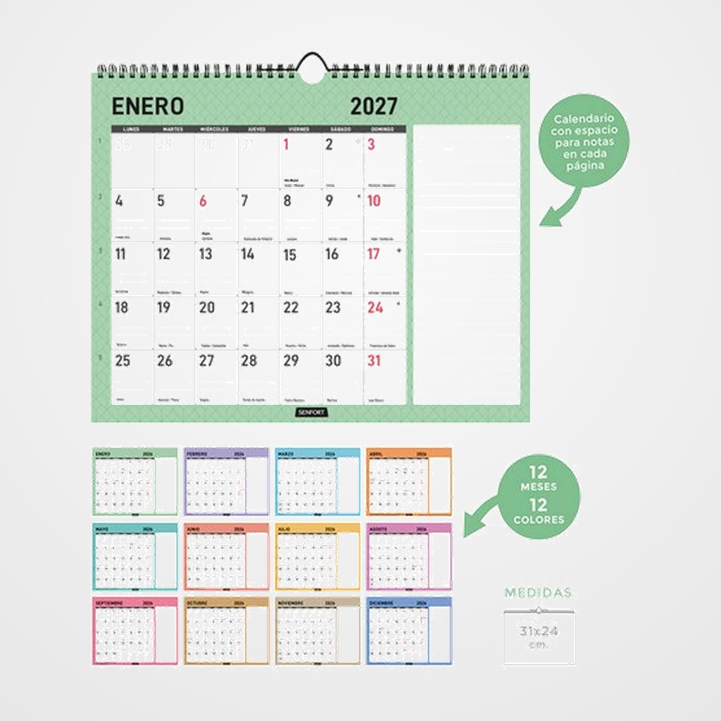 CALENDARIO (2027) SENFORT PARED DIAMANTE APAISADO MENSUAL PARA ESCRIBIR 310x240