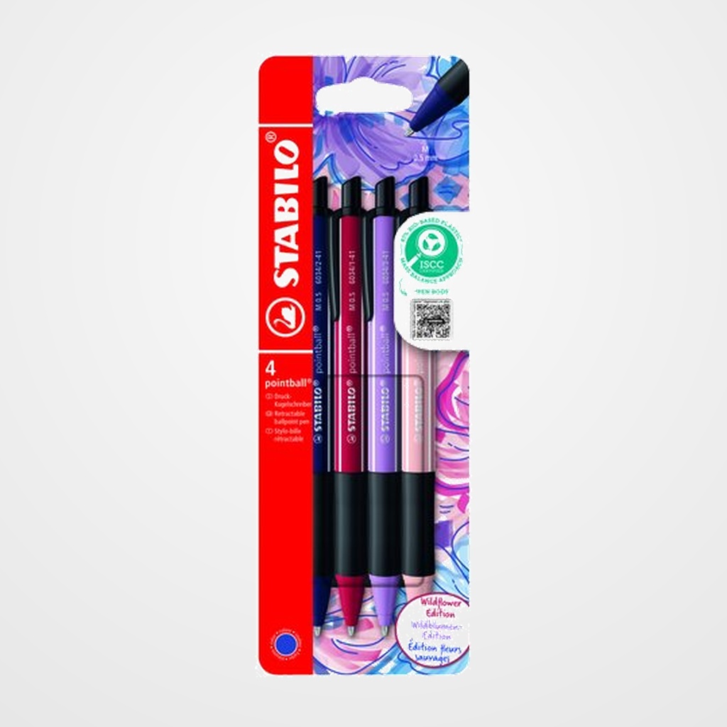 BOLIGRAFO STABILO RETRACTIL POINTBALL WILDFLOWERS ESTUCHE de 4