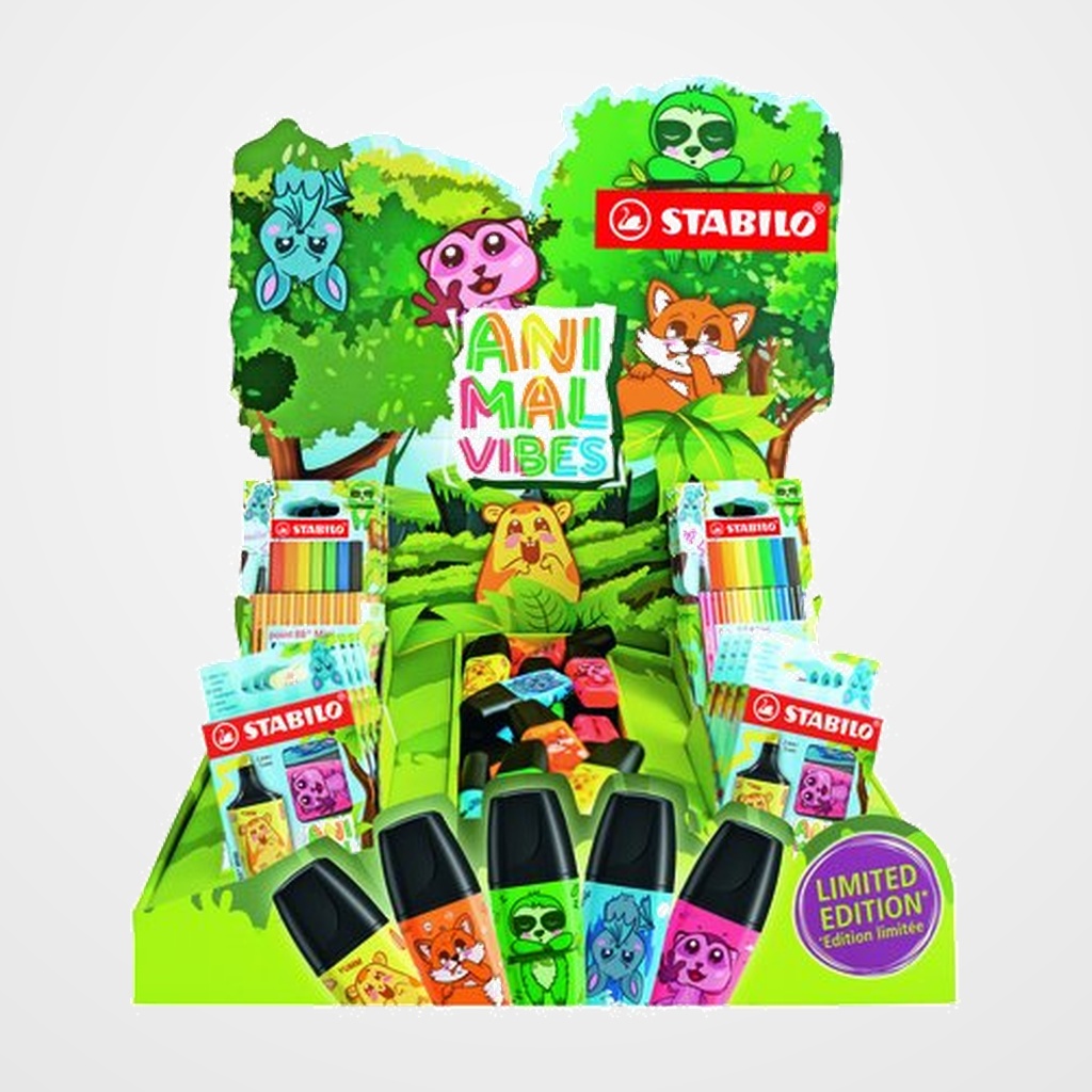EXPOSITOR STABILO ANIMAL VIBES SOBREMESA SURTIDO DE 48 (30x Boss Mini, 8x Boss Mini estuche de 3, 5x Point 88 mini estuche de 8 y 5x Pen 68 mini estuche de 8)