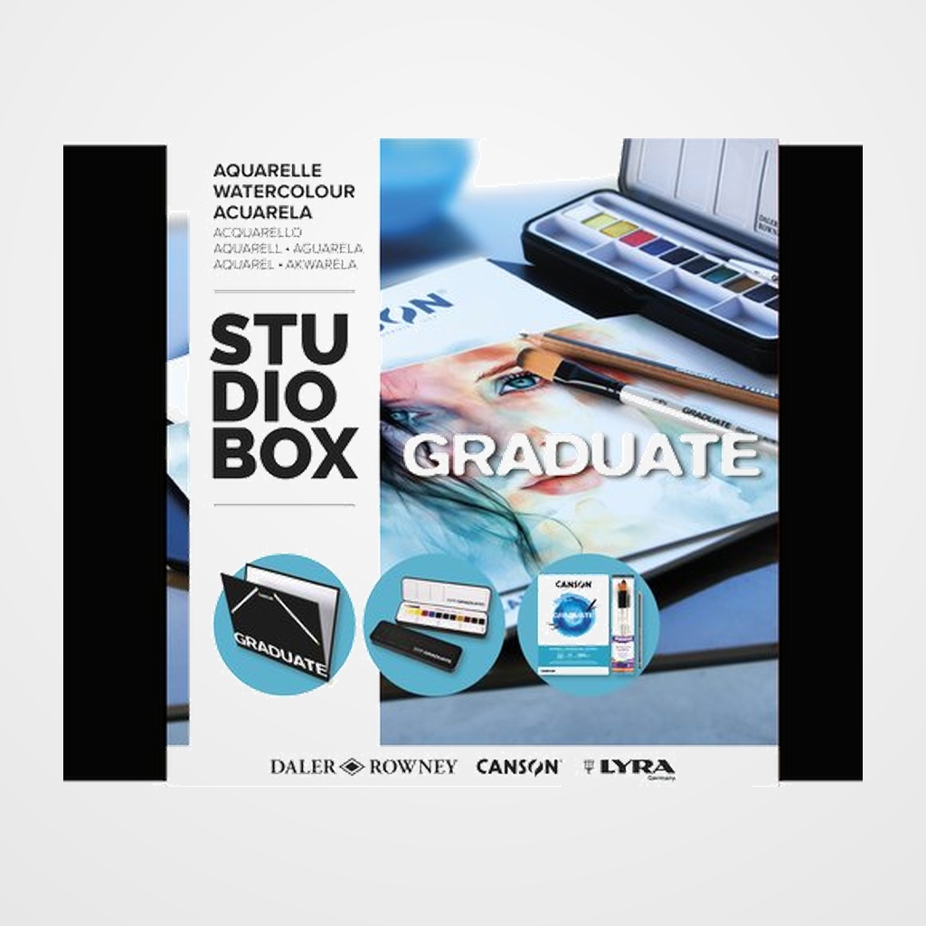 ACUARELAS DALER ROWNEY GRADUATE STUDIO BOX (Incluye: 1x carpeta, 1x estuche de 12 acualeras + pincel, 3x pinceles, 1x bloc Canson)