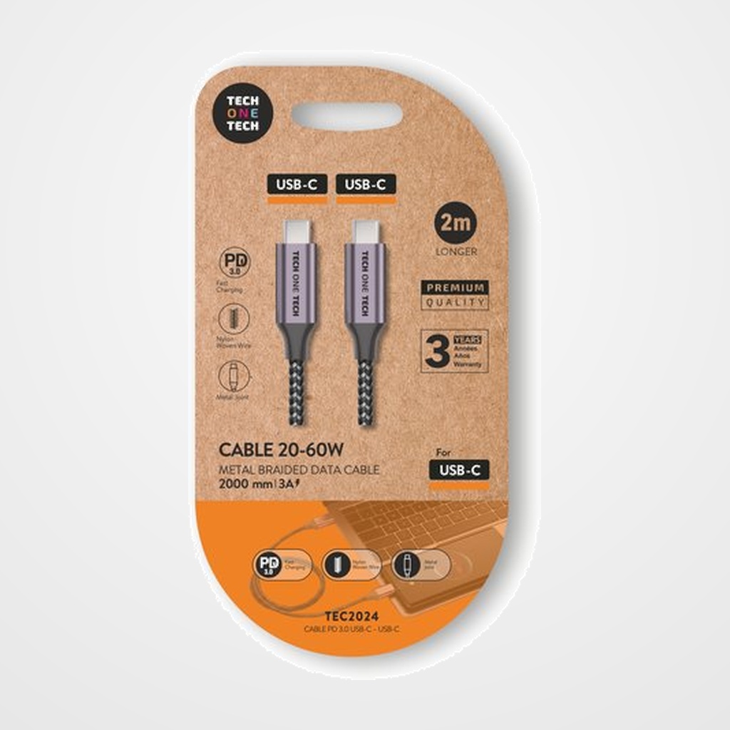 CABLE TECH-ONE-TECH USB-C-USB-C 20-60W GRIS 2 m.