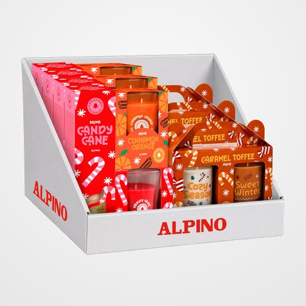 CAJA EXPOSITORA SURTIDA  CHRISTMAS ESSENCE: 4 mikados Candy Cane de 50 ml 3 velas aromáticas de 120 ml candy cane 3 velas aromáticas cinammon Orange de 120 ml 3 sets duo Christmas Caramel tofee