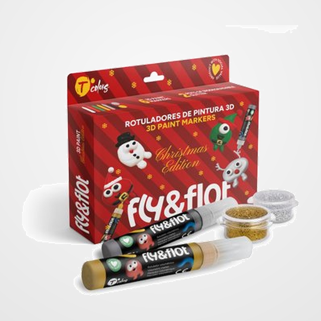 ROTULADOR VOLUMETRICO 3D TCOLORS FLY&FLOT 25 ml SURTIDO XMAS CAJA de 6 (oro, plata, rojo, verde, blanco, negro y 2 botes de purpurina 2,5gr. oro y plata)