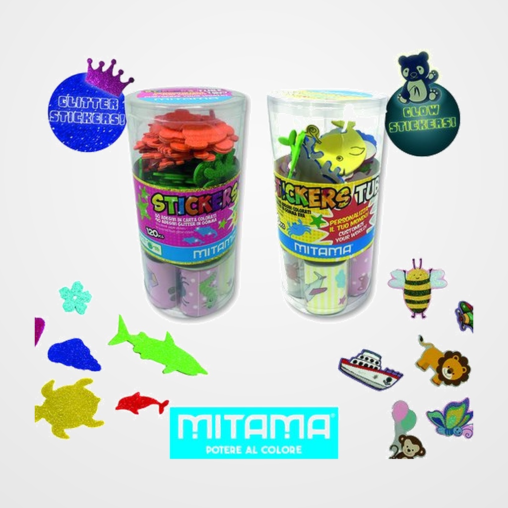 JUEGO MITAMA STIKER TUBES (Pegatinas con purpurina 120 unidades + Pegatinas luminosas 100 unidades) SURTIDAS