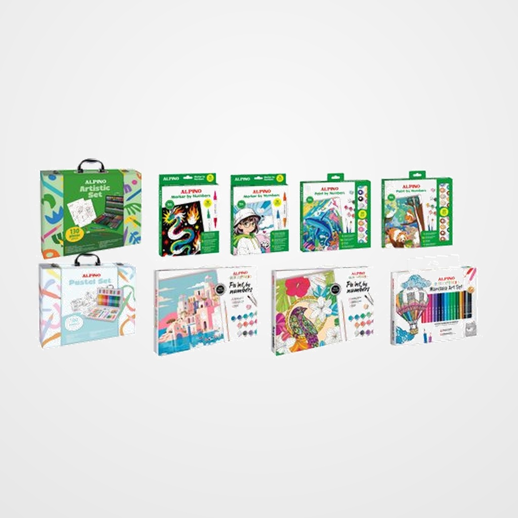 LOTE ALPINO + CESTA NAVIDAD 2026 1x UA000570 ALPINO ARTISTIC SET 1x UA000580 ALPINO ARTISTIC SET PASTEL 1x PN000200 MARKER BY NUMBERS MANGA 1x PN000210 MARKER BY NUMBERS DRAGON 1x PN000100 PINTA POR NUMEROS OCEAN 1x PN000110 PINTA POR NUMEROS FOREST 1x AL002255 48 LAPICES MANDALAS ART SET 1x DV000741 PAINT BY NUMBERS GRECIA 1x DV000751 PINTA POR NUMEROS TROPICAL REGALO CESTA DE NAVIDAD