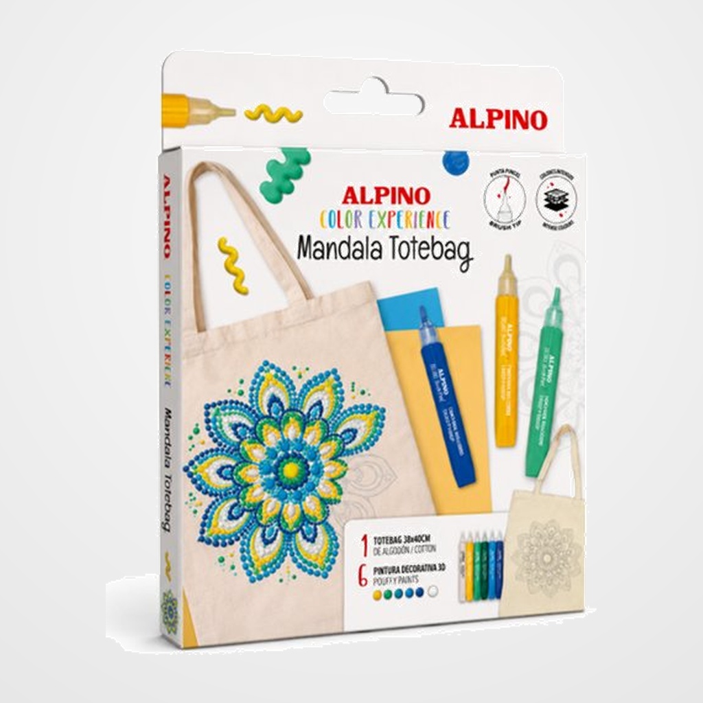 SET ALPINO COLOR EXPERIENCE MANDALA TOTE BAG (decora tu bolso usando la tecnica del puntillismo)
