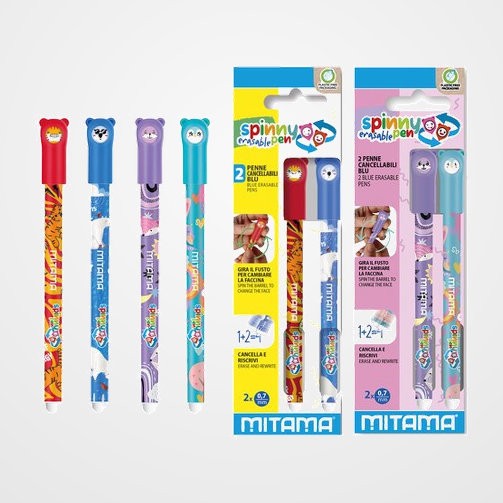 BOLIGRAFO MITAMA SPINNY PEN BORRABLE 0,7 mm AZUL ANIMAL BLISTER de 2