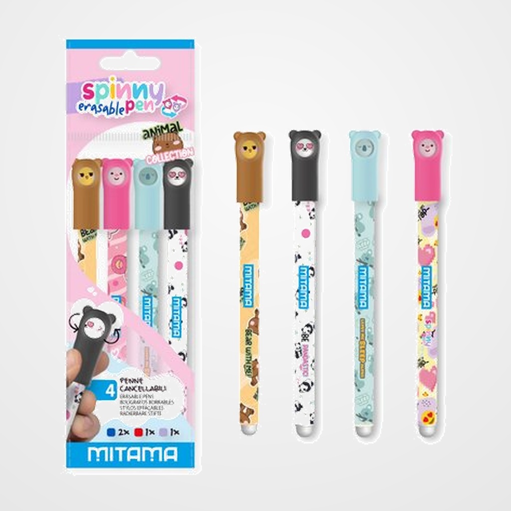 BOLIGRAFO MITAMA SPINNY PEN BORRABLE 0,7 mm AZUL ANIMAL BLISTER de 4