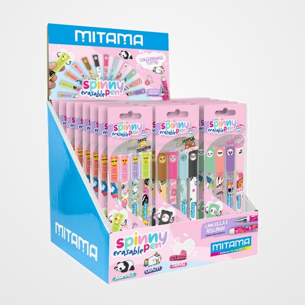 BOLIGRAFO MITAMA SPINNY PEN BORRABLE 0,7 mm AZUL BLISTER de 4 SURTIDO EXPOSITOR de 45