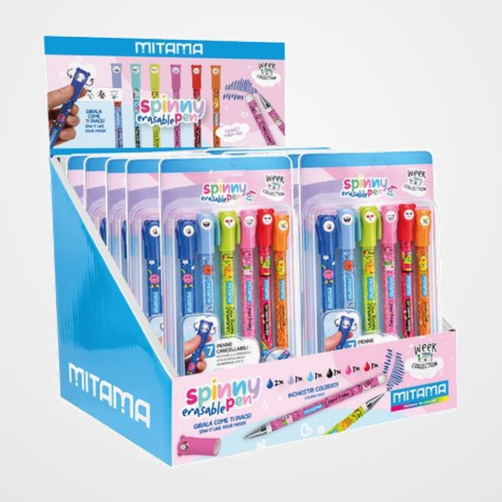 BOLIGRAFO MITAMA SPINNY PEN BORRABLE 0,7 mm AZUL BLISTER de 7 SURTIDO EXPOSITOR de 30