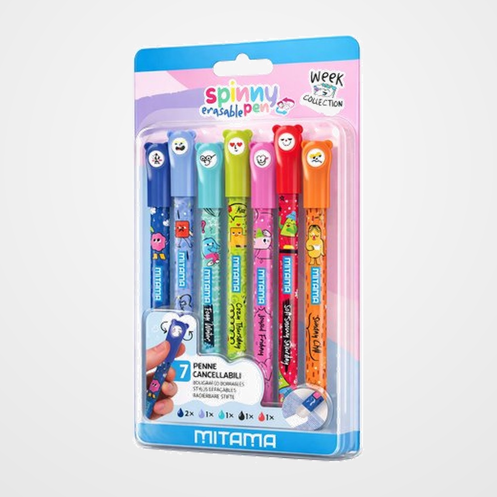 BOLIGRAFO MITAMA SPINNY PEN BORRABLE 0,7 mm AZUL WEEK BLISTER de 7