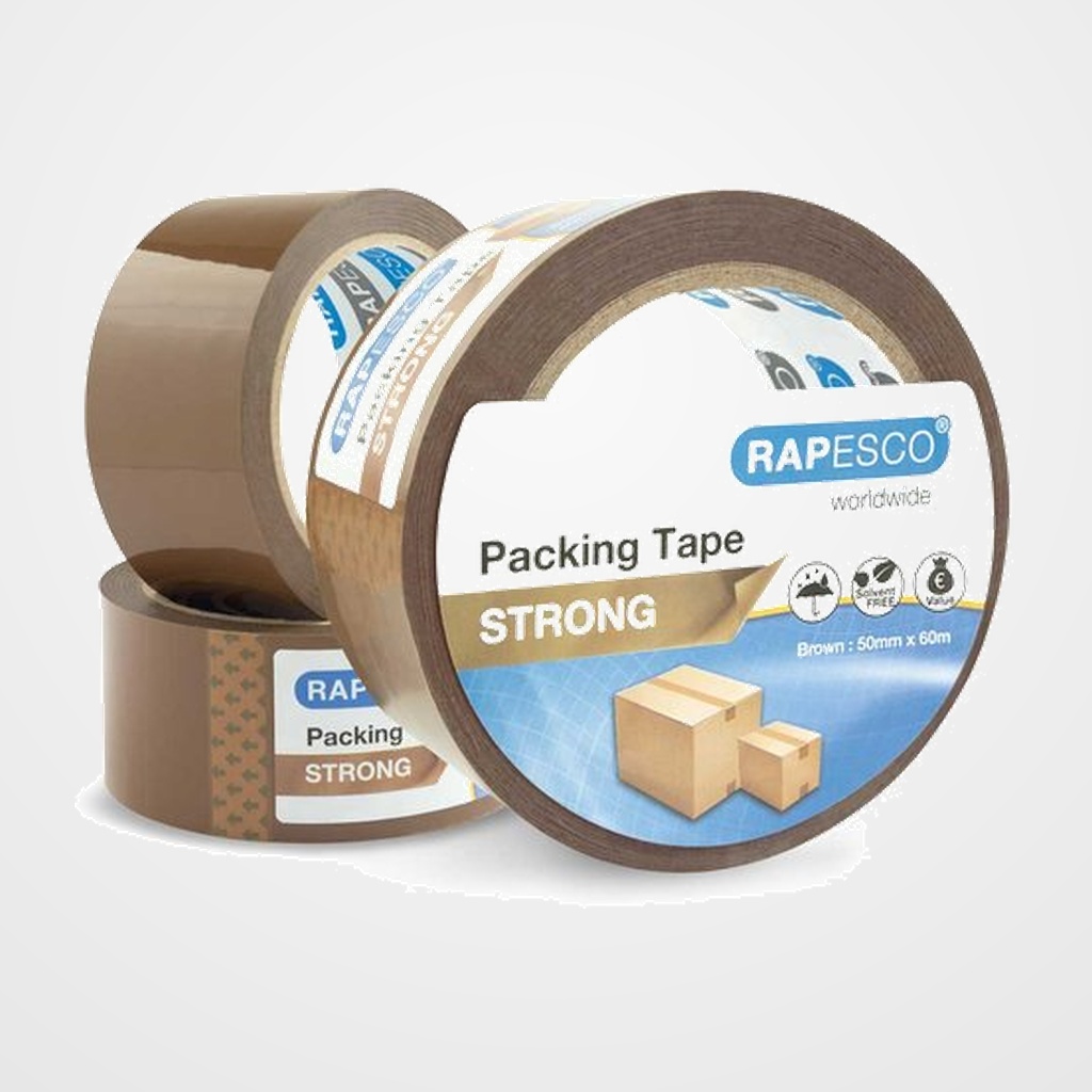 CINTA de EMBALAJE RAPESCO PP rollo 50mmx60m MARRON PAQUETE de 3
