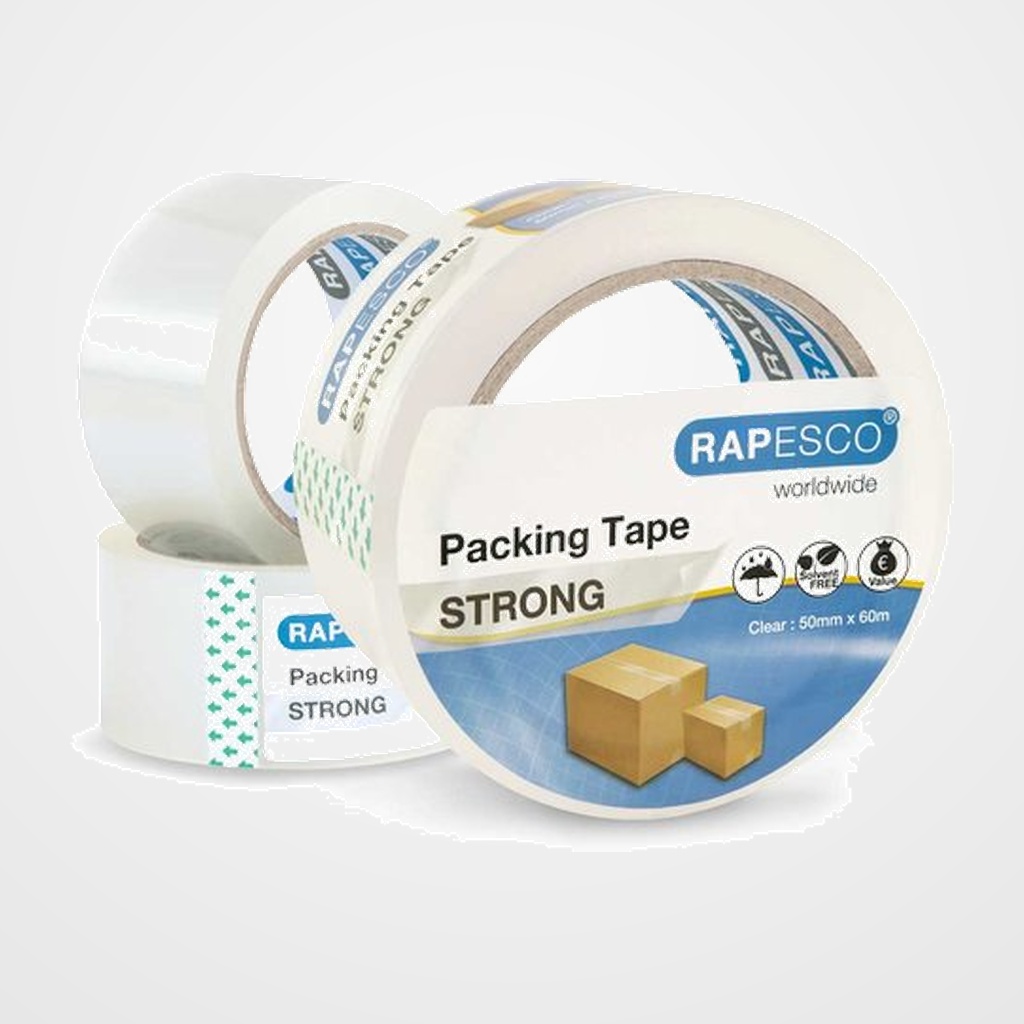 CINTA de EMBALAJE RAPESCO PP rollo 50mmx60m TRANSPARENTE PAQUETE de 3