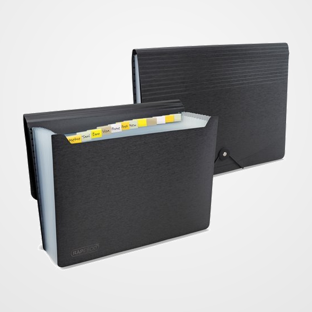 CLASIFICADOR ACORDEON RAPESCO ECO GRS (100% RECICLABLE) PP  A4 13 DPTOS. NEGRO PACK de 2