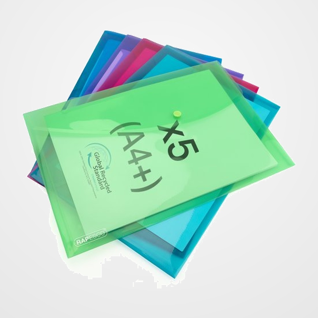 DOSIER SOBRE RAPESCO ECO GRS (100% RECICLABLE) PP TRANSLUCIDO BROCHE A4+ COL. SURTIDO PAQUETE de 5