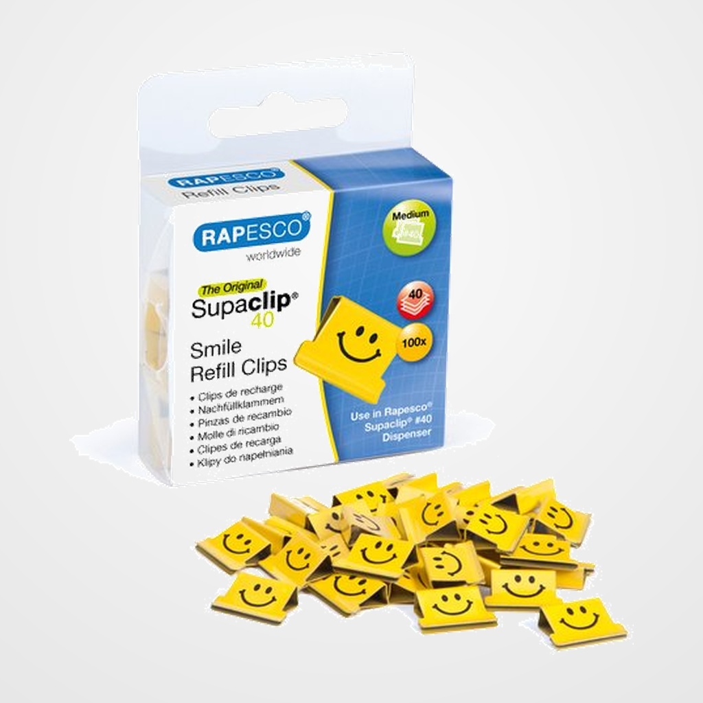 PORTA CLIPS RAPESCO SUPACLIP 40 AMARILLO SONRISAS CAJA de 100