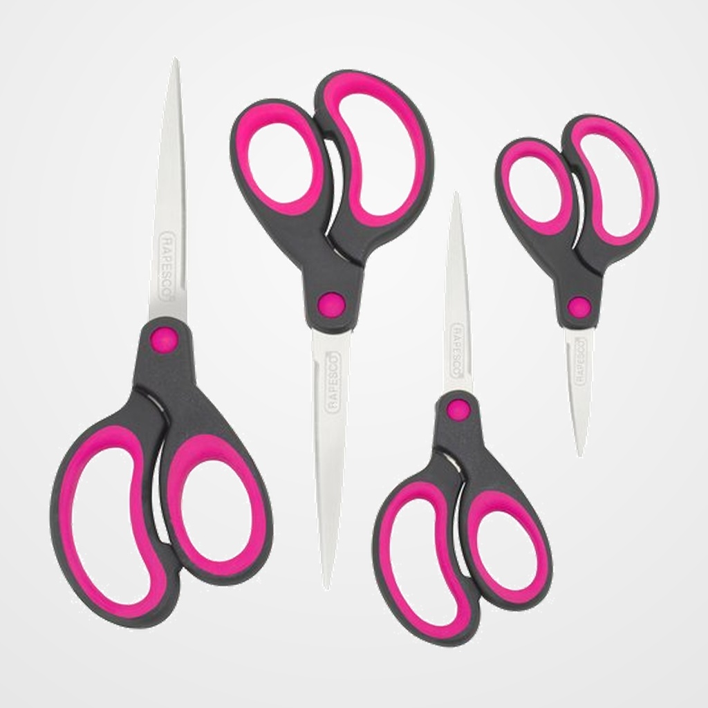 TIJERAS RAPESCO CON MANGO SUAVE VARIOS TAMAÑOS PAQUETE de 4 NEGRO Y FUCSIA