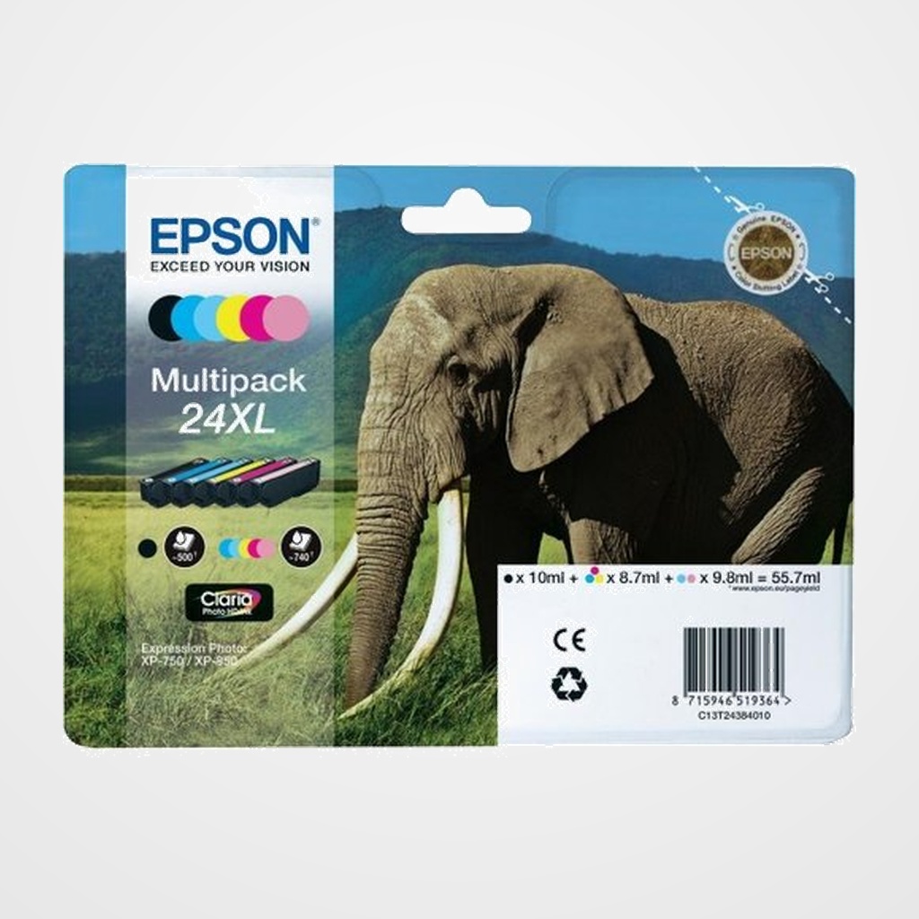 CARTUCHO INKJET EPSON T243840 Nº24XL EXPRESSION PHOTO XP-55/750/760/850/860/950/960, EXPRESSION PREMIUM XP-750/850 MULTIPACK de 6 (T243140+T243240+T243340+T243440+T243540+T243640)