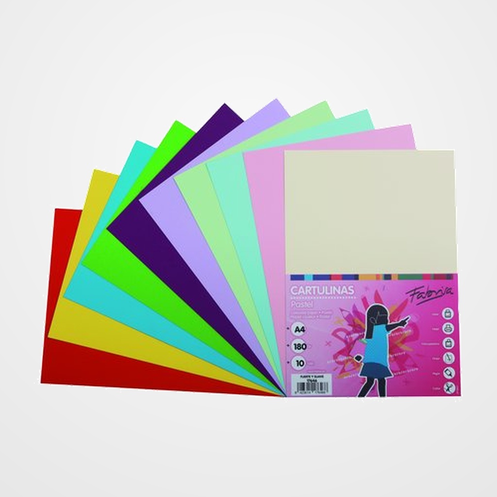 CARTULINA A4 FABRISA 180g SURTIDO PASTEL + FUERTE PAQUETE de 10