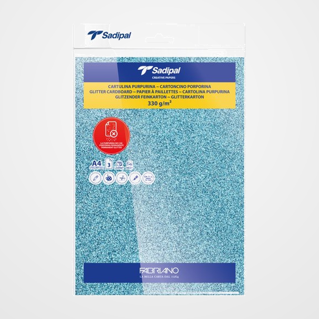 CARTULINA PURPURINA A4 SADIPAL 330g AZUL CLARO PAQUETE de 3