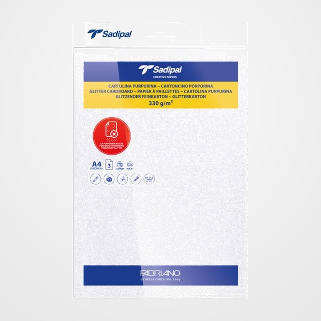 CARTULINA PURPURINA A4 SADIPAL 330g BLANCO PAQUETE de 3