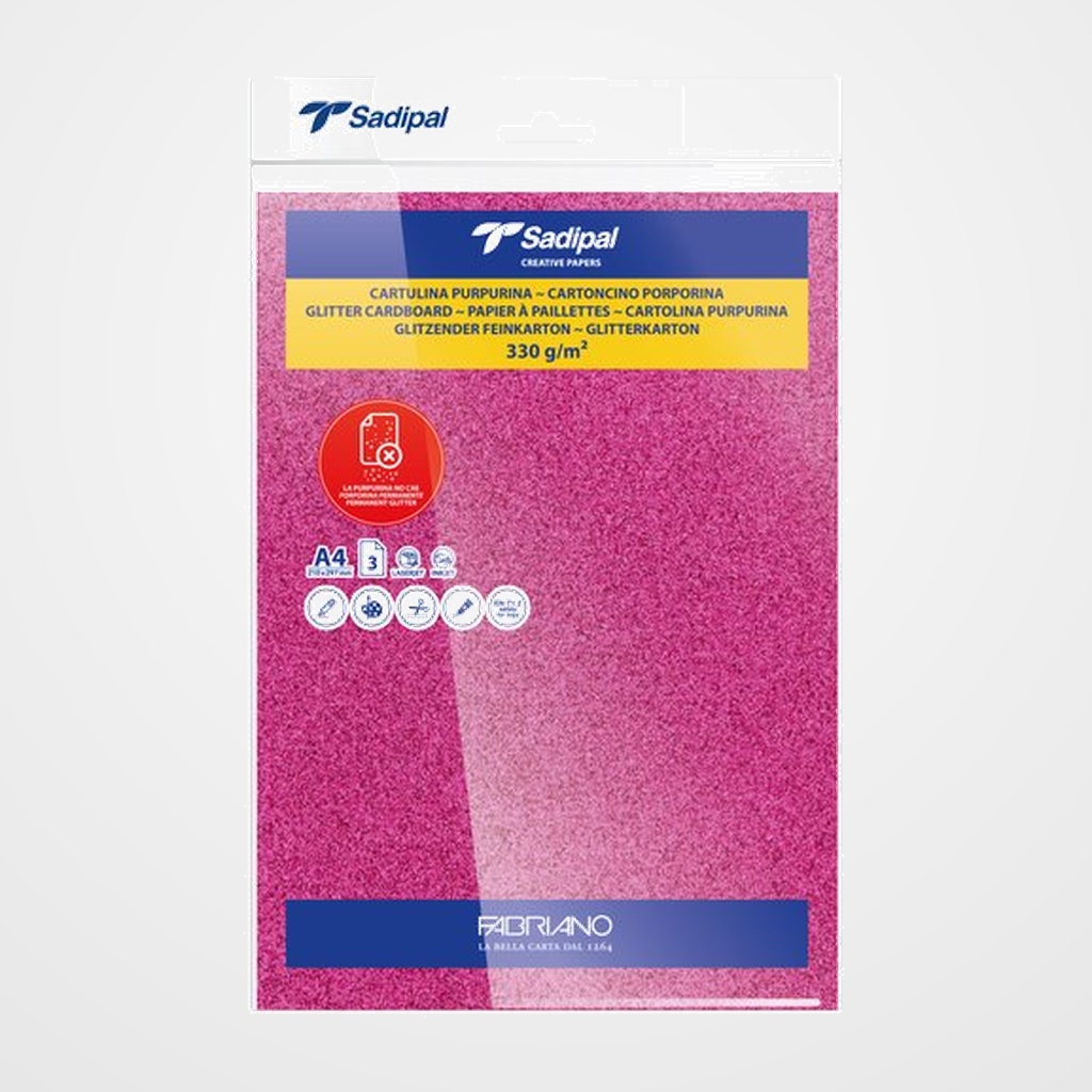 [10701620] CARTULINA PURPURINA A4 SADIPAL 330g FUCSIA PAQUETE de 3