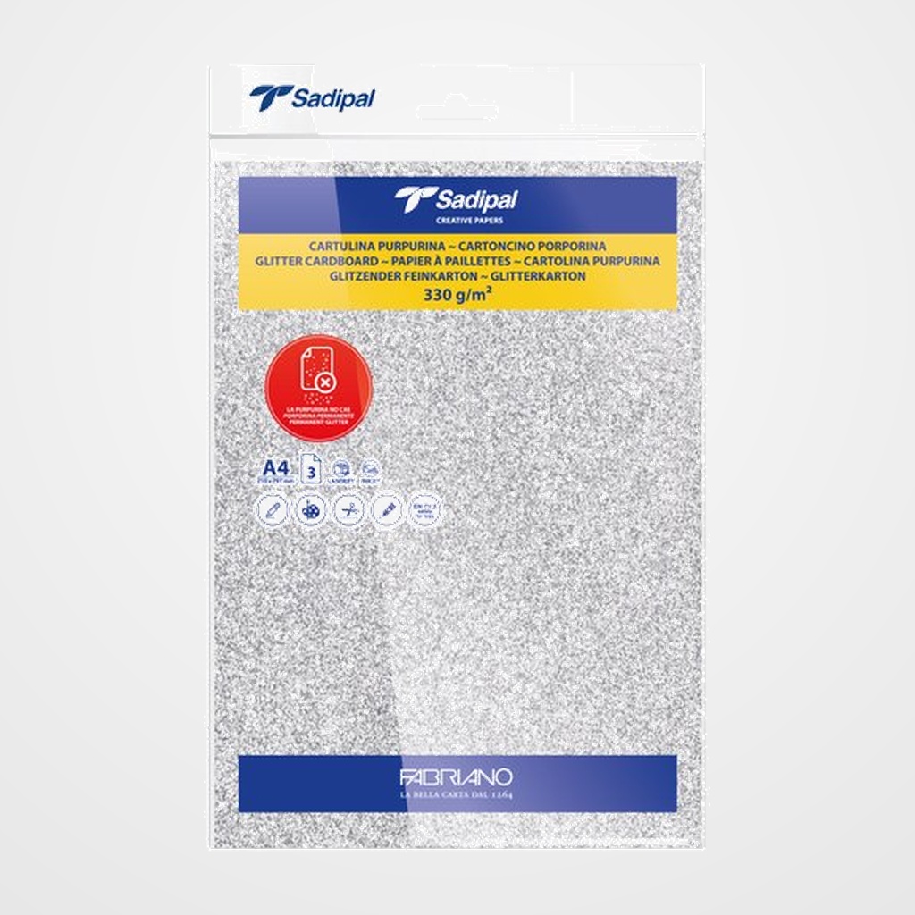CARTULINA PURPURINA A4 SADIPAL 330g PLATA PAQUETE de 3