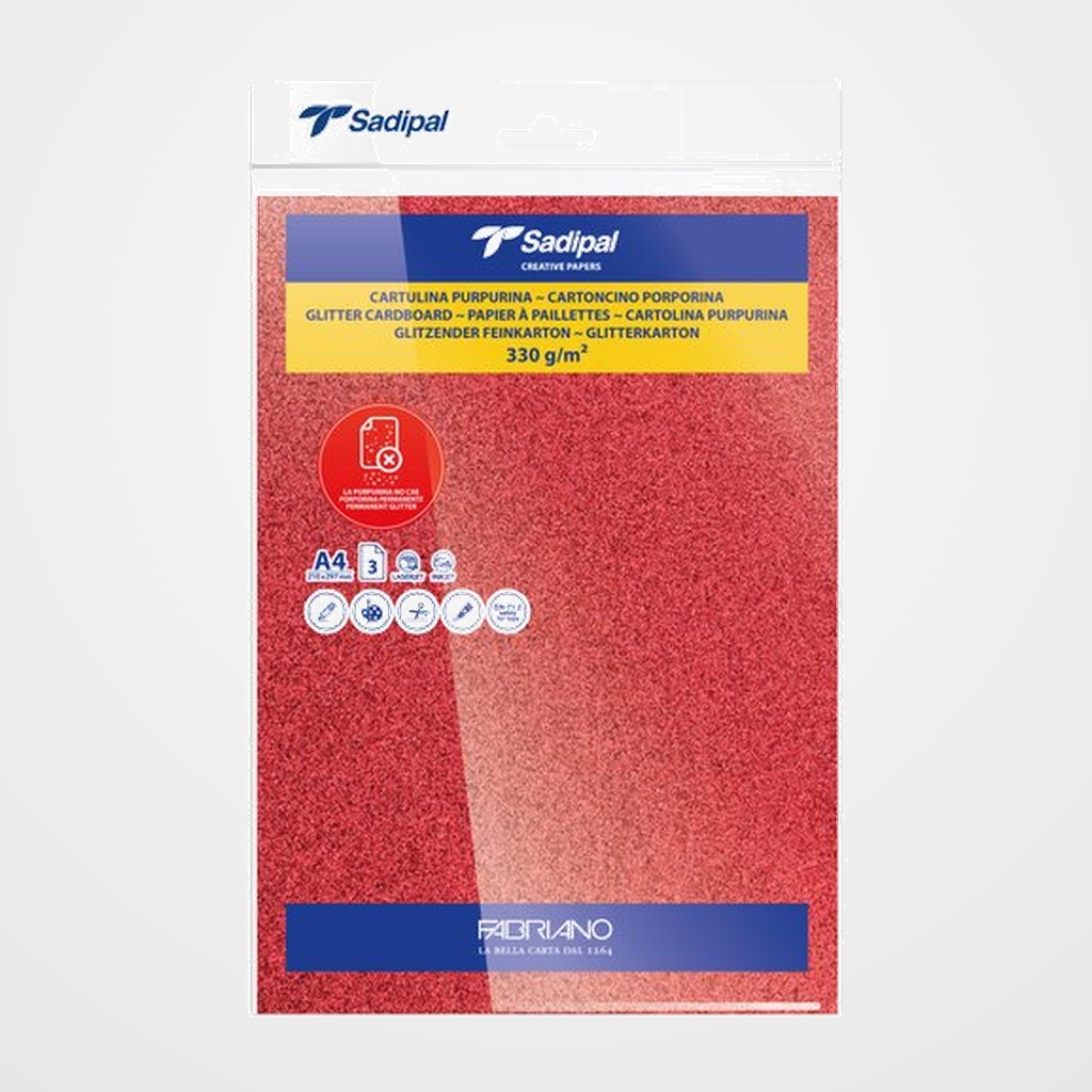 CARTULINA PURPURINA A4 SADIPAL 330g ROJO PAQUETE de 3