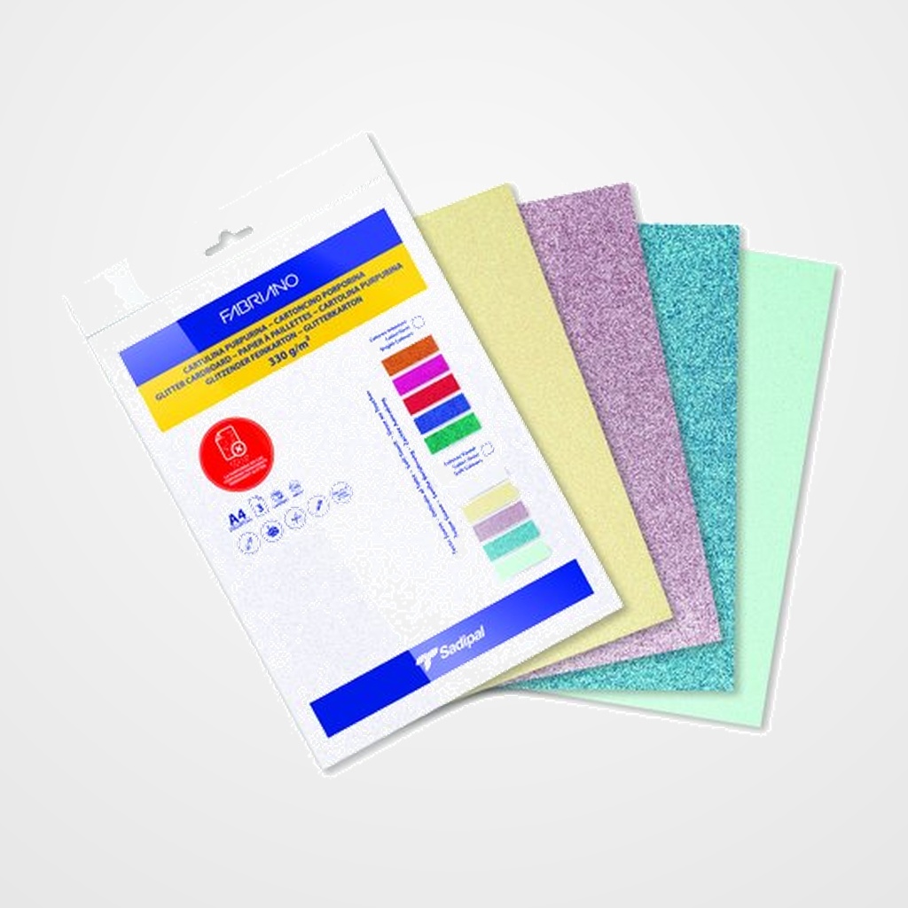 CARTULINA PURPURINA A4 SADIPAL 330g SURTIDO COLORES PASTEL PAQUETE de 5 (Blanco, Amarillo, Verde claro, Azul claro, Rosa)