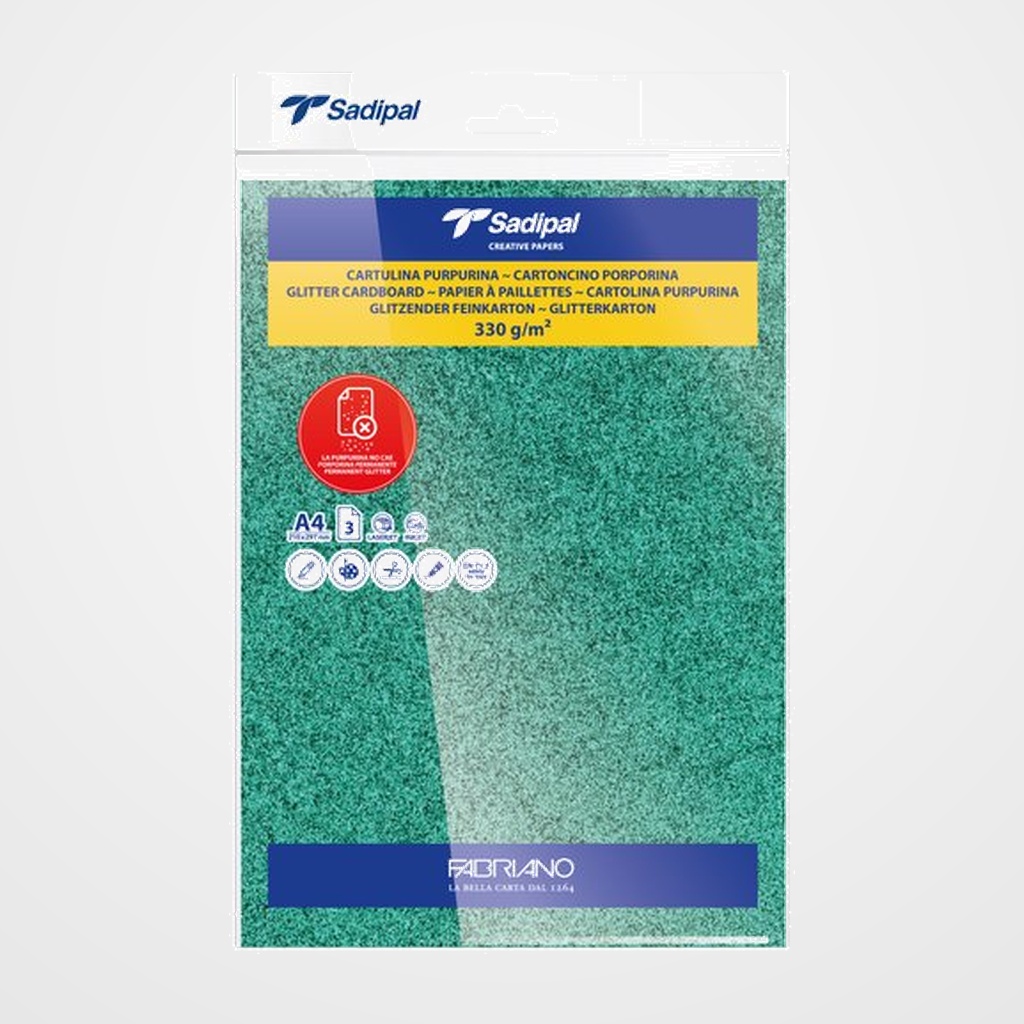 CARTULINA PURPURINA A4 SADIPAL 330g VERDE PAQUETE de 3
