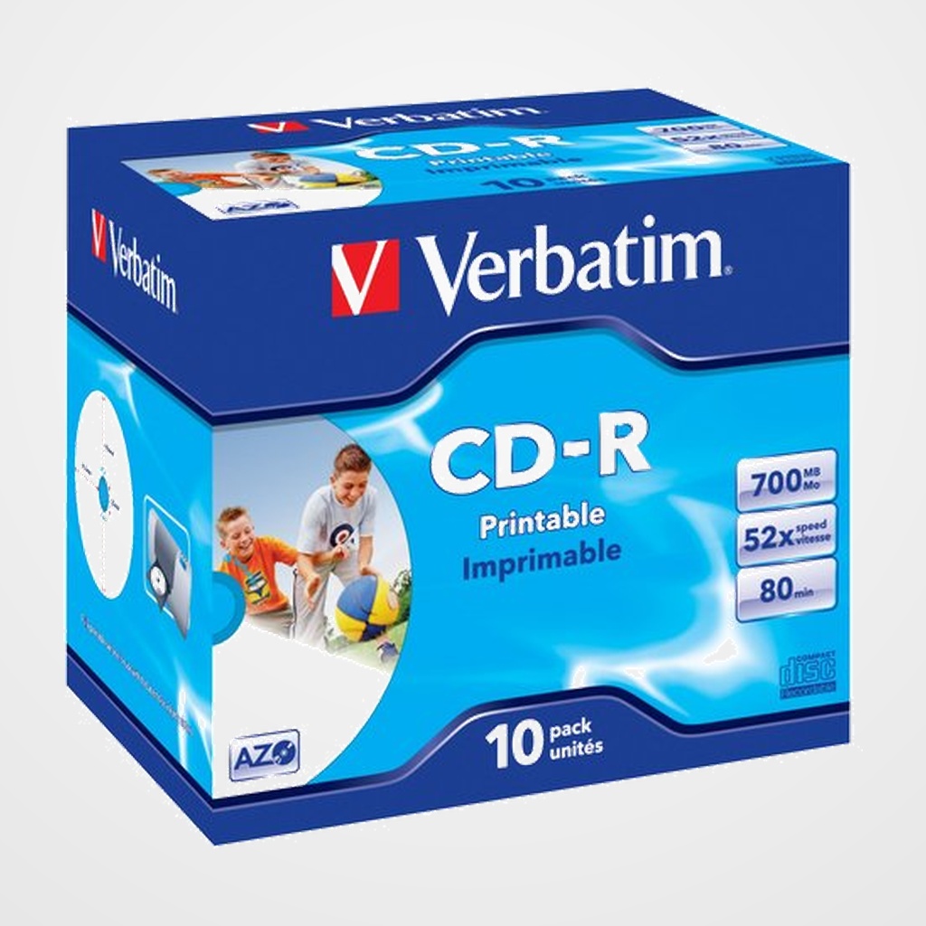 CD-ROM VERBATIM 700MB 52x JEWEL CASE 10 SUPER AZO IMPRIMIBLE INKJET NEUTRO (Incluye Canon LPI de 0.80)