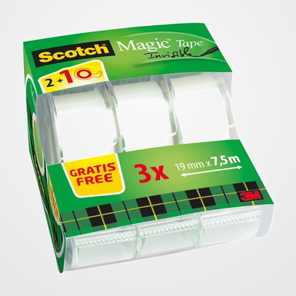 CINTA ADHESIVA SCOTCH MAGIC INVISIBLE rollo  7,5x19 con MINI PORTARROLLOS PACK 2+1